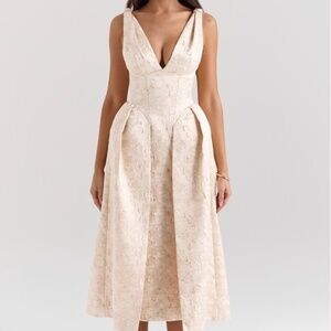 House of CB PALOMA Ivory Metallic Jacquard Midi Dress